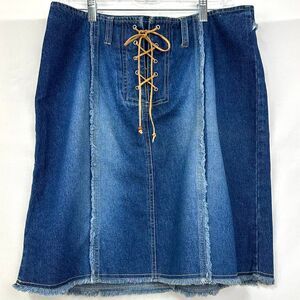 FADED GLORY 2000s Y2K Dark Wash Denim Mini‎ Skirt Leather Lace Up Detail Size 12
